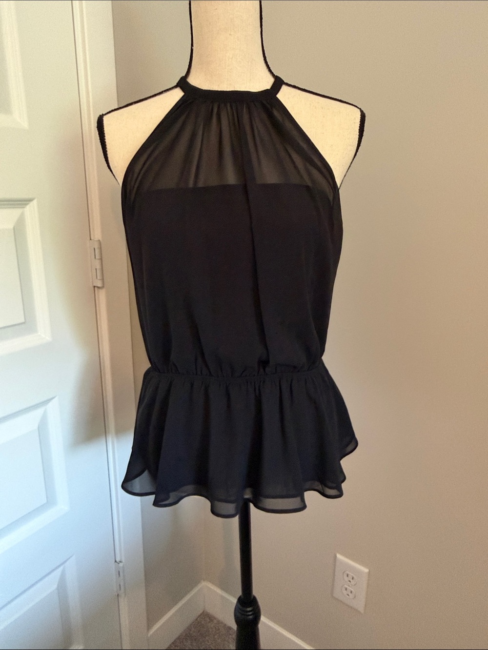 Express Black Halter Sheer Yoke Peplum Camisole